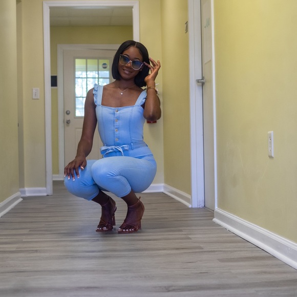 Light Denim Ruffle Jumpsuit - Picture 2 of 3